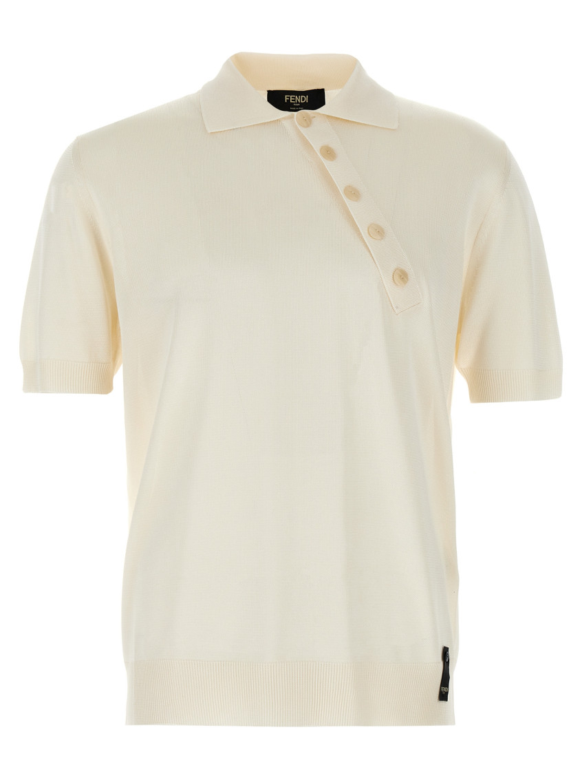 Fendi Ribbed Collar Polo Shirt With Short Sleeves In White