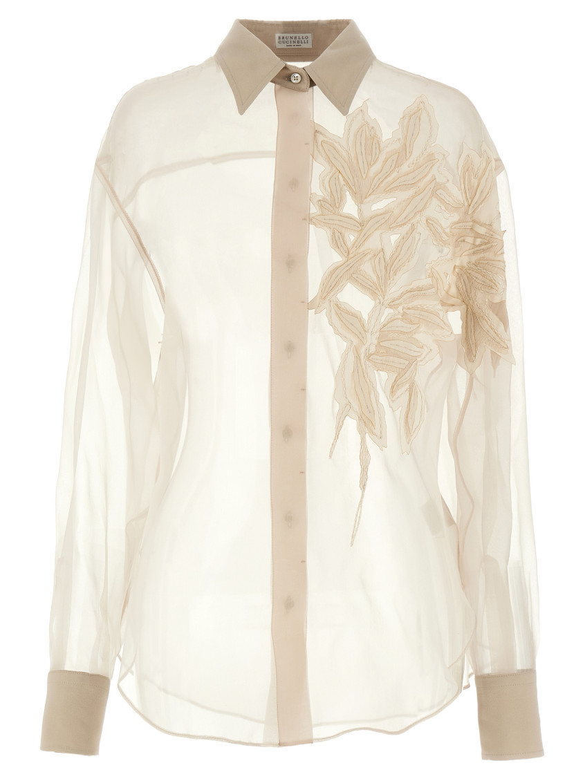 Shop Brunello Cucinelli Beige Floral Appliqu Shirt