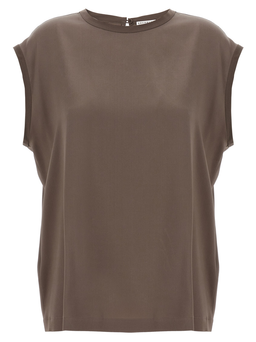 Brunello Cucinelli Silk Crewneck Blouse With Back Button Closure In Brown