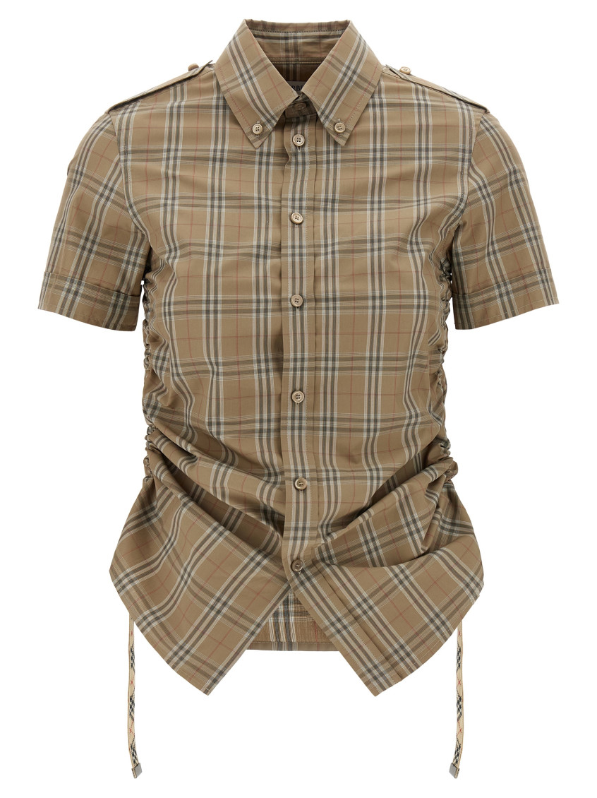 Burberry Check Shirt With Short Sleeves And Adjustable Side Ties In Brown