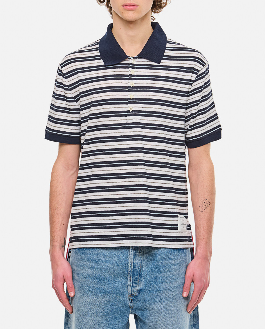 Thom Browne Striped Linen-blend Jersey Polo Shirt In Dark Blue