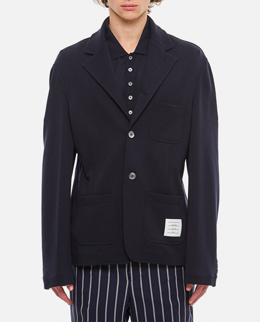 Thom Browne Logo Patch Single-breasted Blazer In Dark Blue