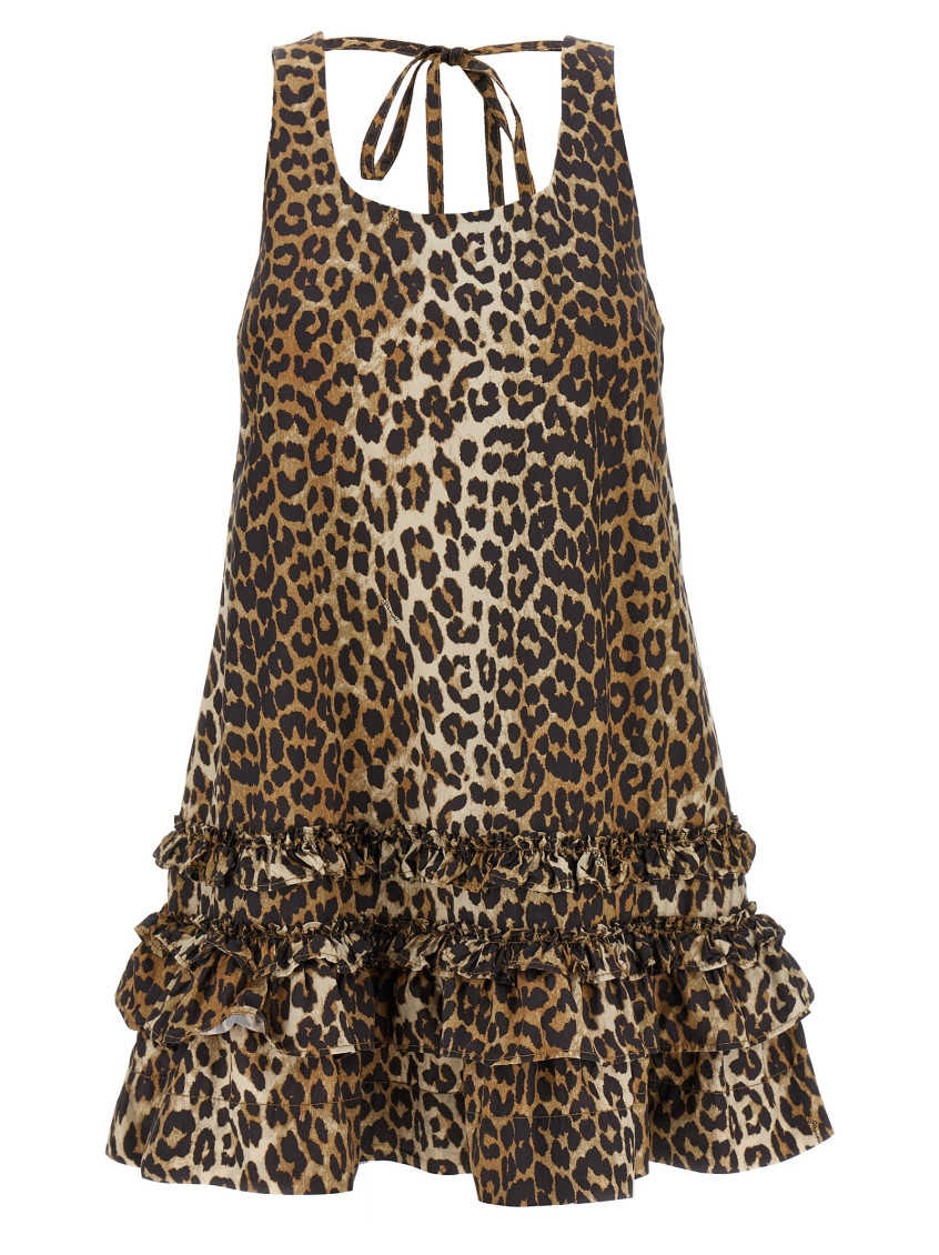 Ganni Brown Leopard Cotton Poplin Mini Dress