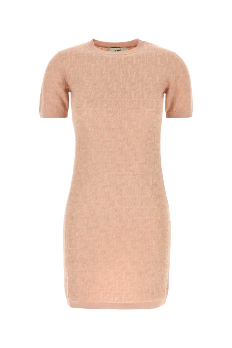 Fendi Cotton Short Sleeve Dress With Textured Pattern In Neutral