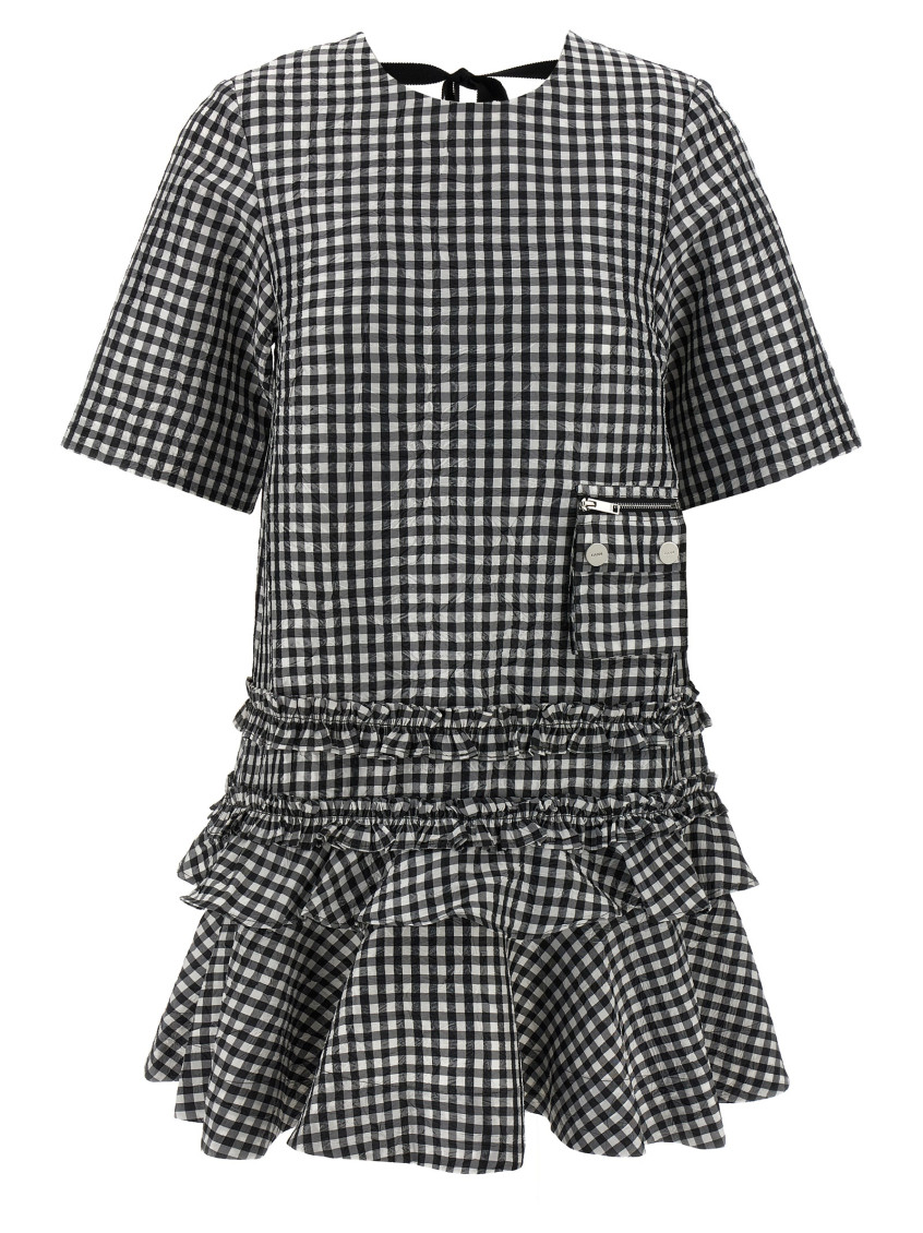 Ganni Black & White Crinkled Check Mini Dress