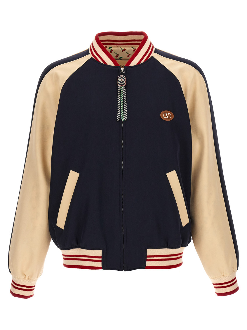 Valentino Sporty Bomber Jacket With Embroidered Details In Blue