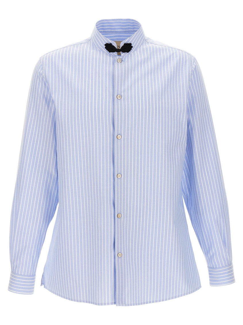 Valentino Cotton Shirt With Striped Pattern And Embroidered Motif In Blue