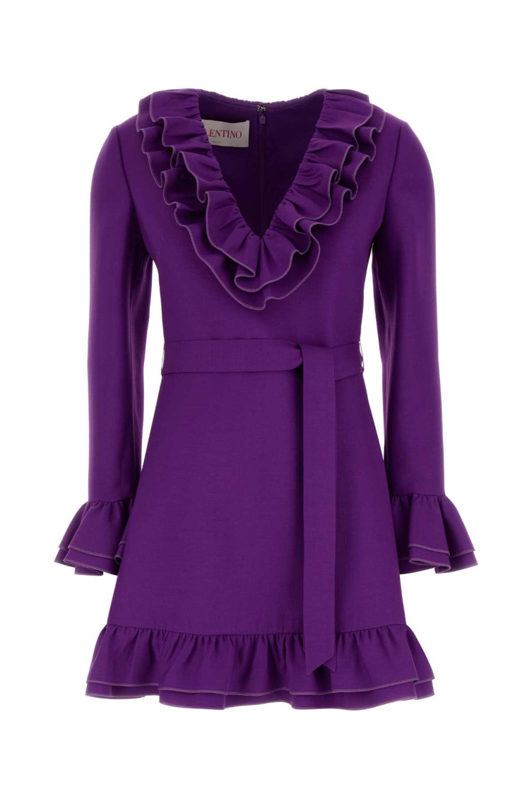Valentino Garavani Purple Short Dress With V-neck And Ruffles In Virgin Wool And Silk Blend Woman