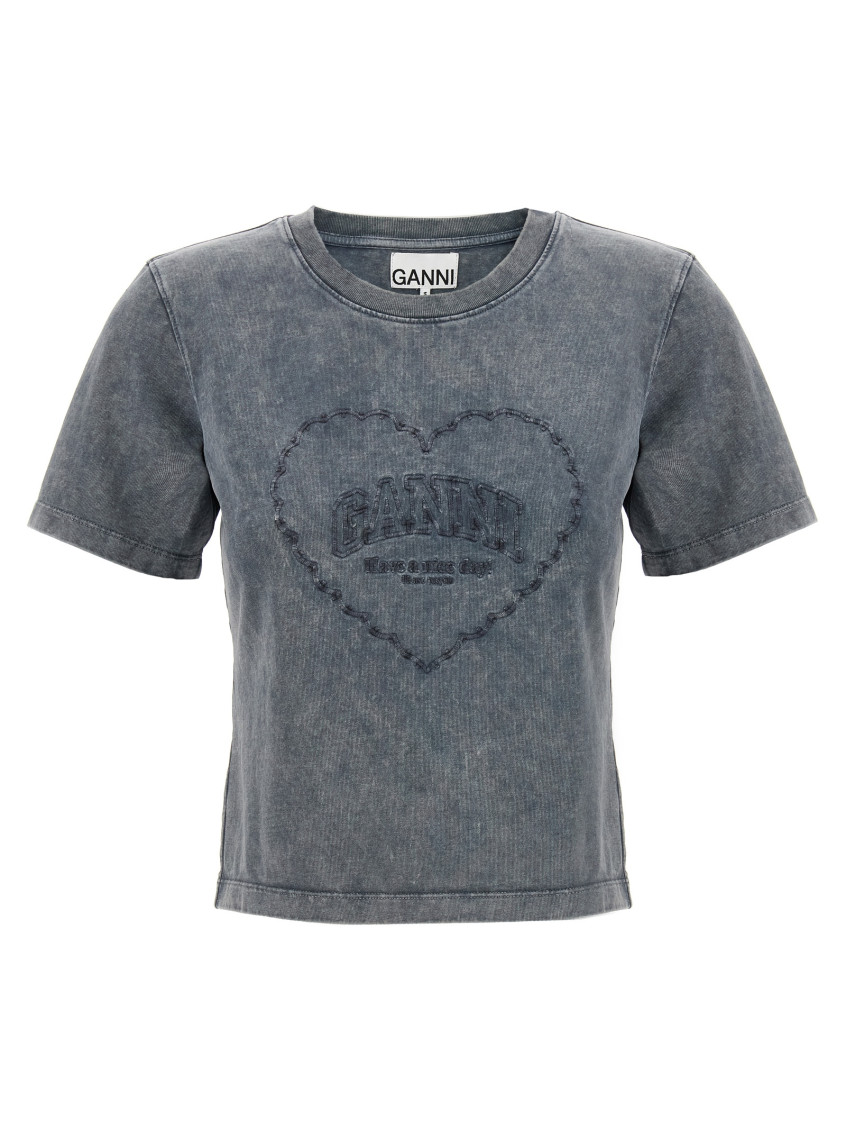 Ganni Cotton T-shirt Featuring Heart Embroidery