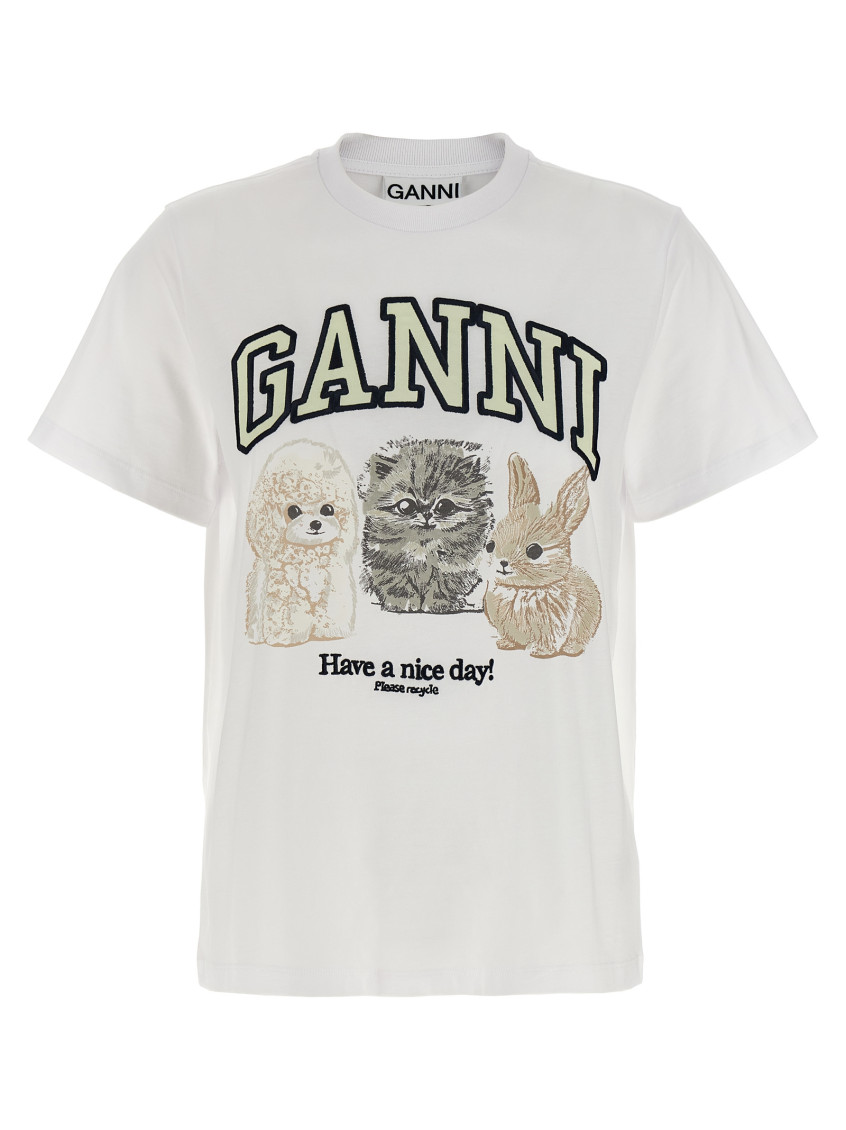Ganni White Crewneck T-shirt With Maxi Logo On The Front