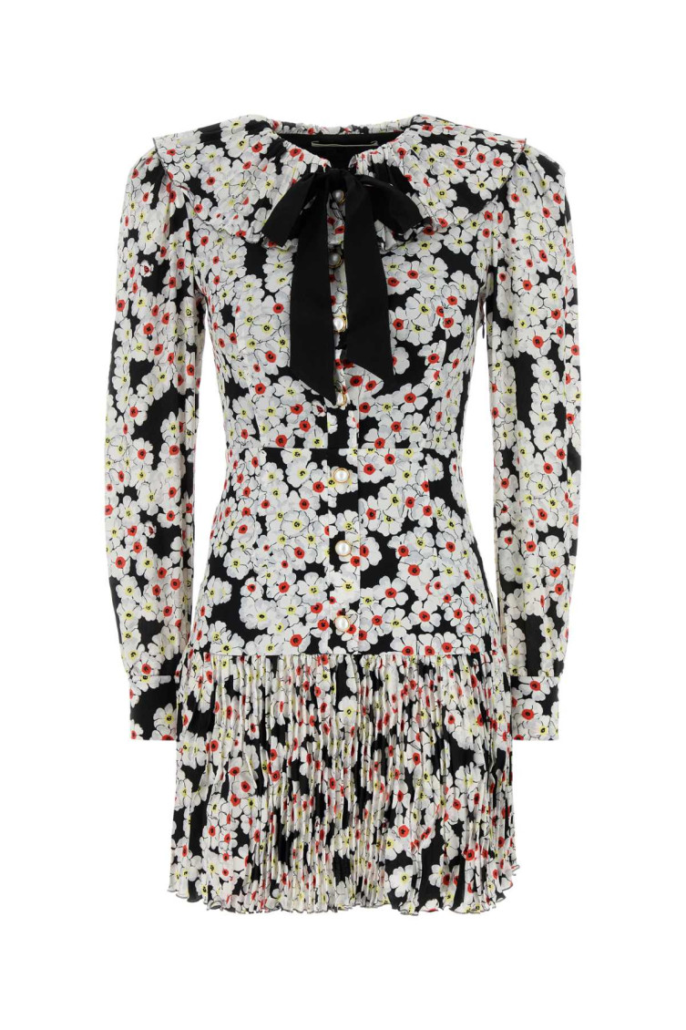 Alessandra Rich Bow-detailed Floral-print Silk Crepe De Chine Mini Dress
