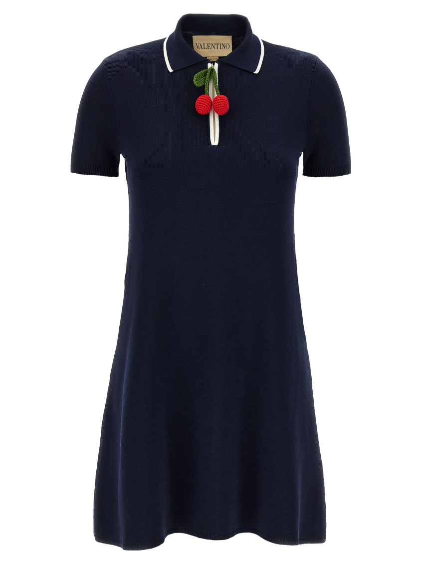 Valentino Crochet Cherry Short-sleeve Polo Mini Dress In Blue