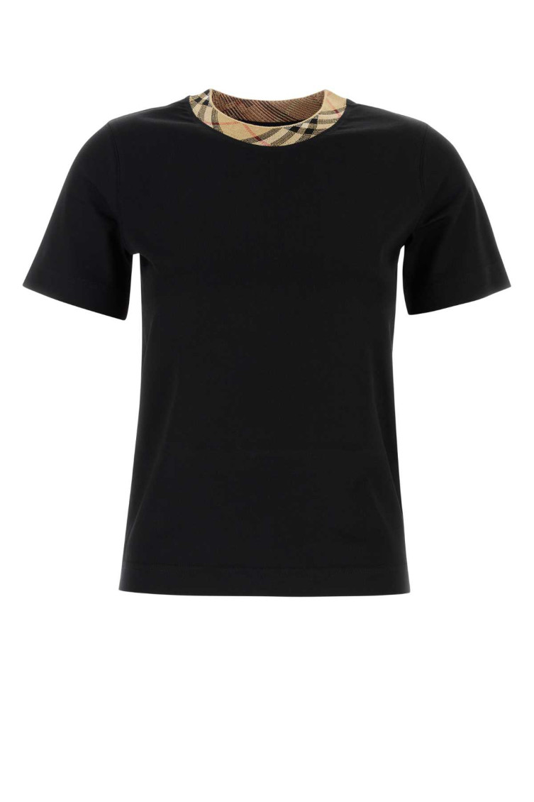 Burberry Black Crewneck T-shirt With Ckeck Motif On The Collar In Cotton Woman
