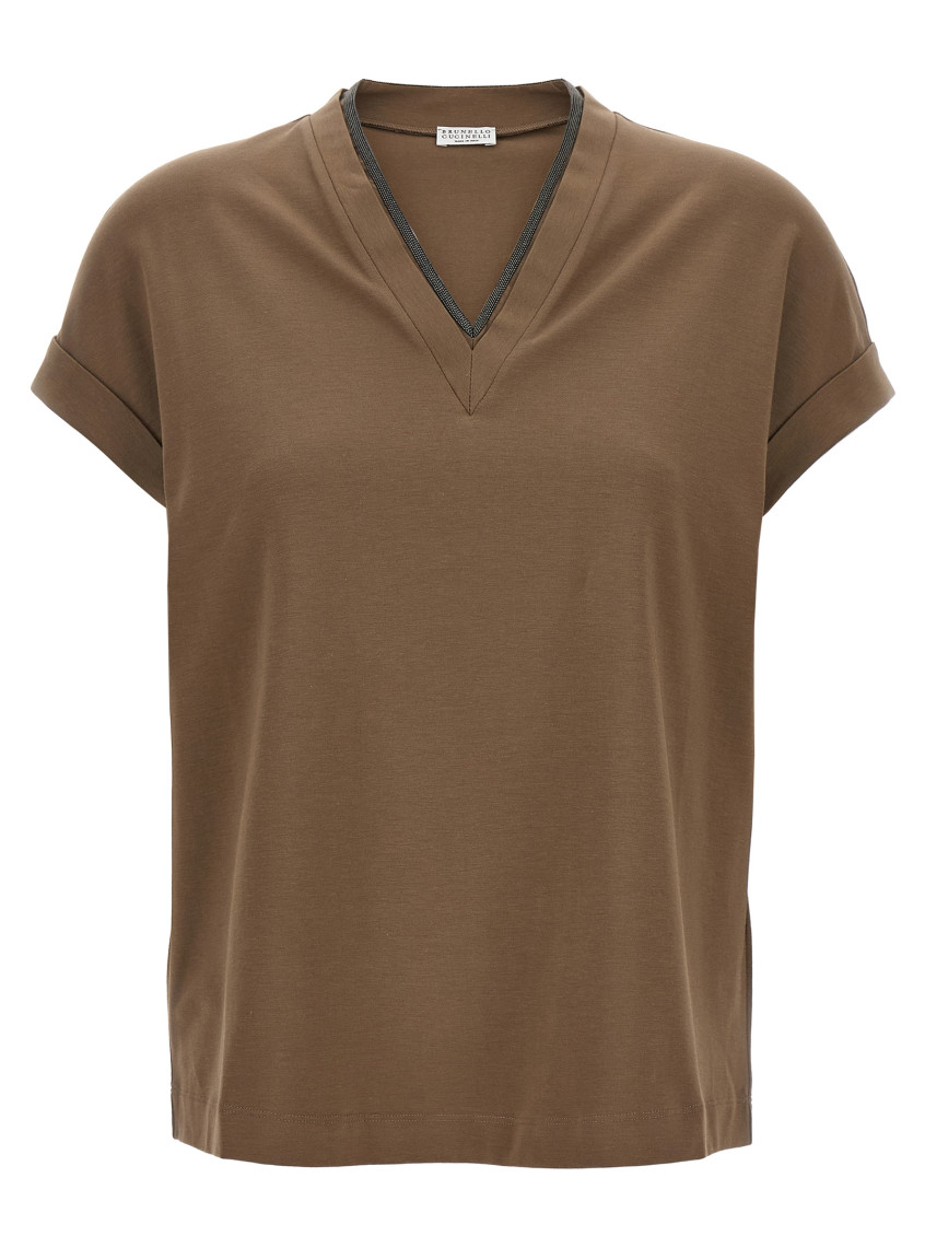 Brunello Cucinelli Rolled Cuffs V-neck Short Sleeve Top In Burgundy