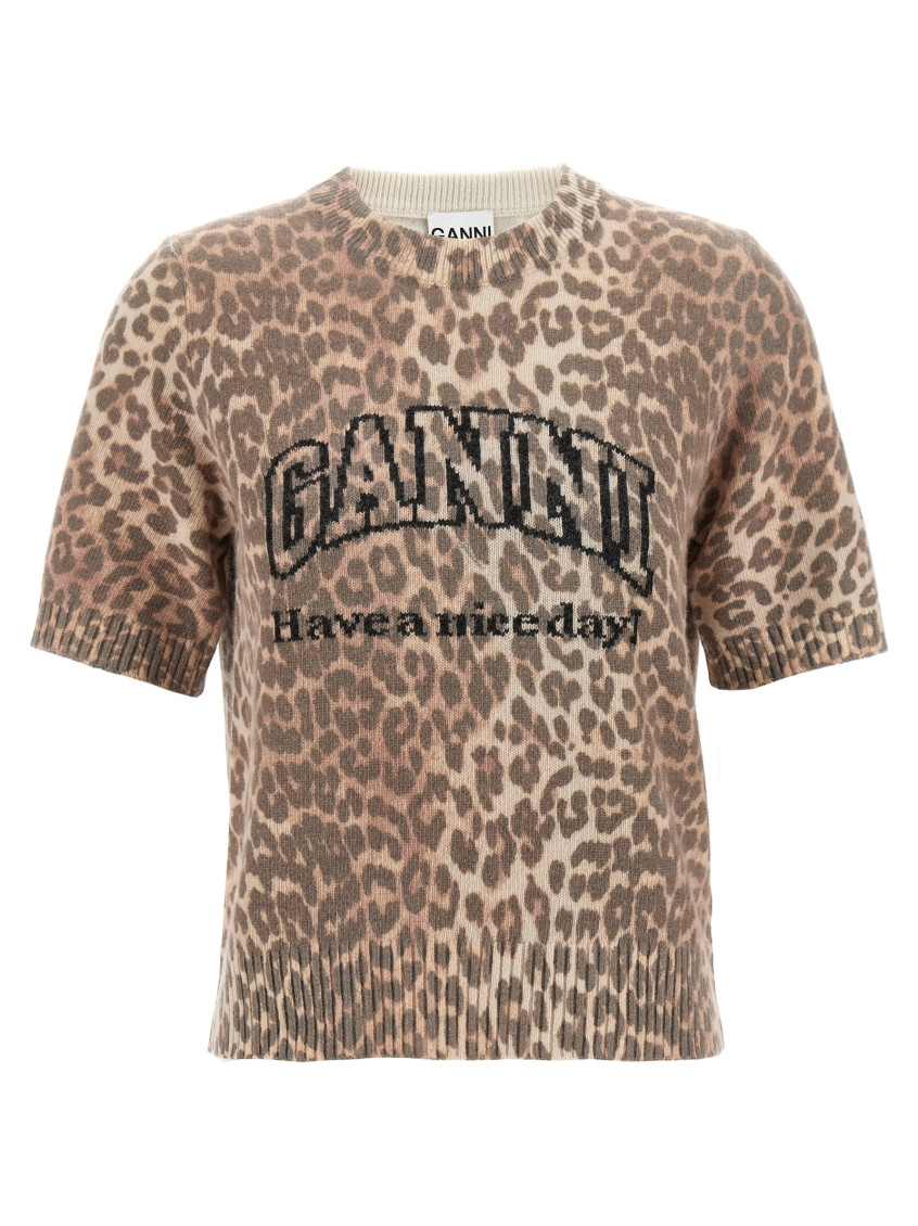 Ganni Leopard Print Wool Mix T-shirt