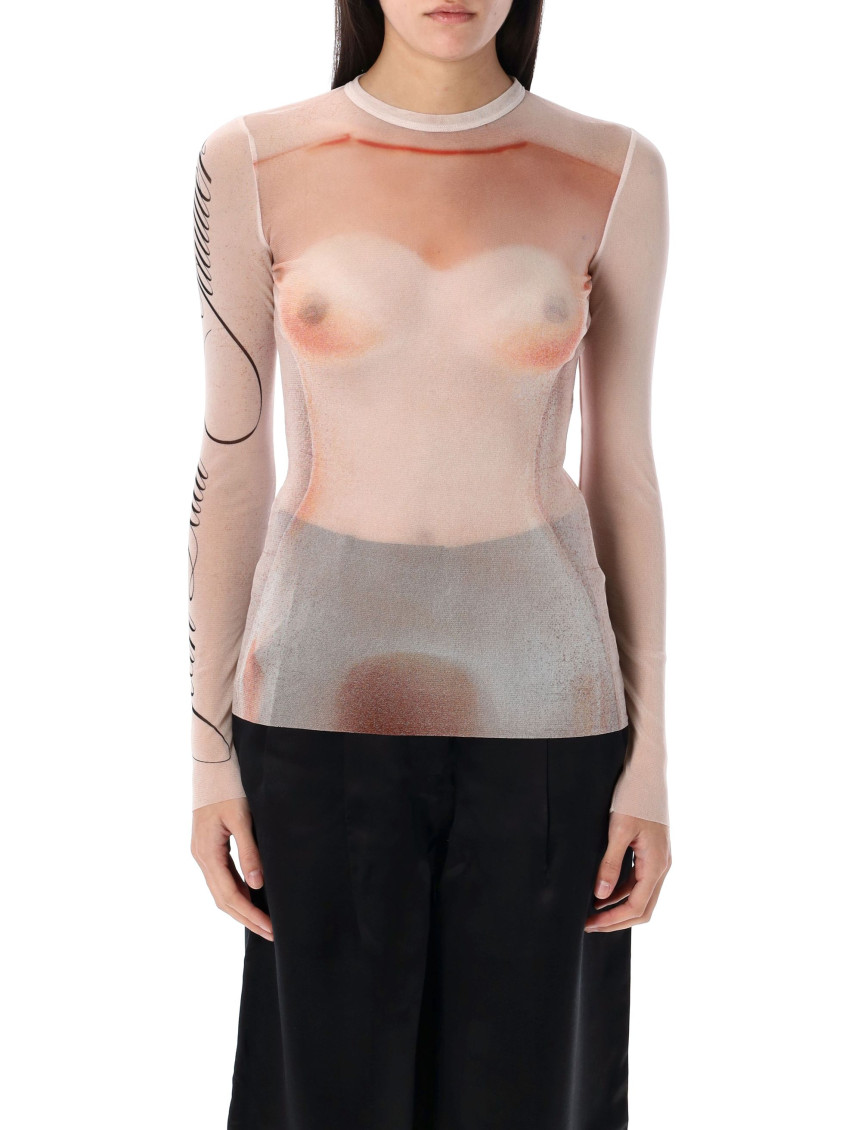Jean Paul Gaultier Sheer Mesh Top Featuring Graphic Print