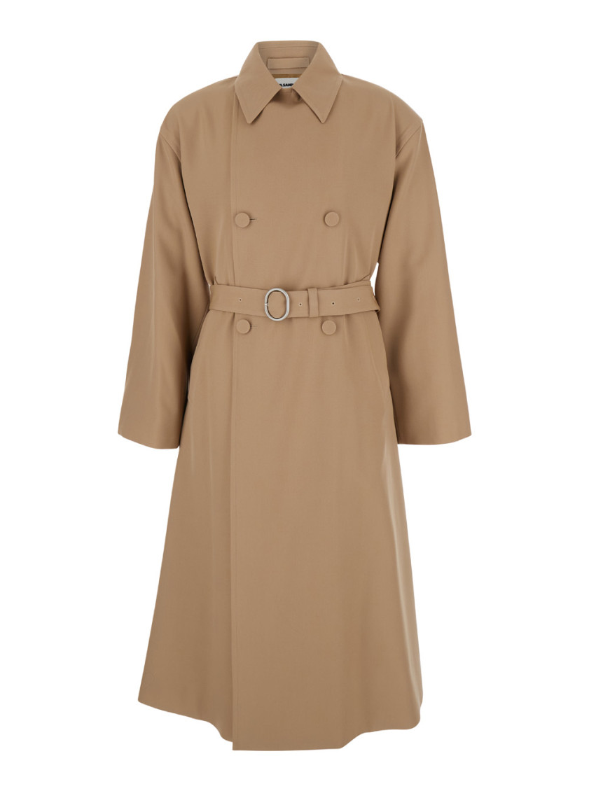 Jil Sander Beige Double Breasted Trench With Belt In Wool Man In Beige