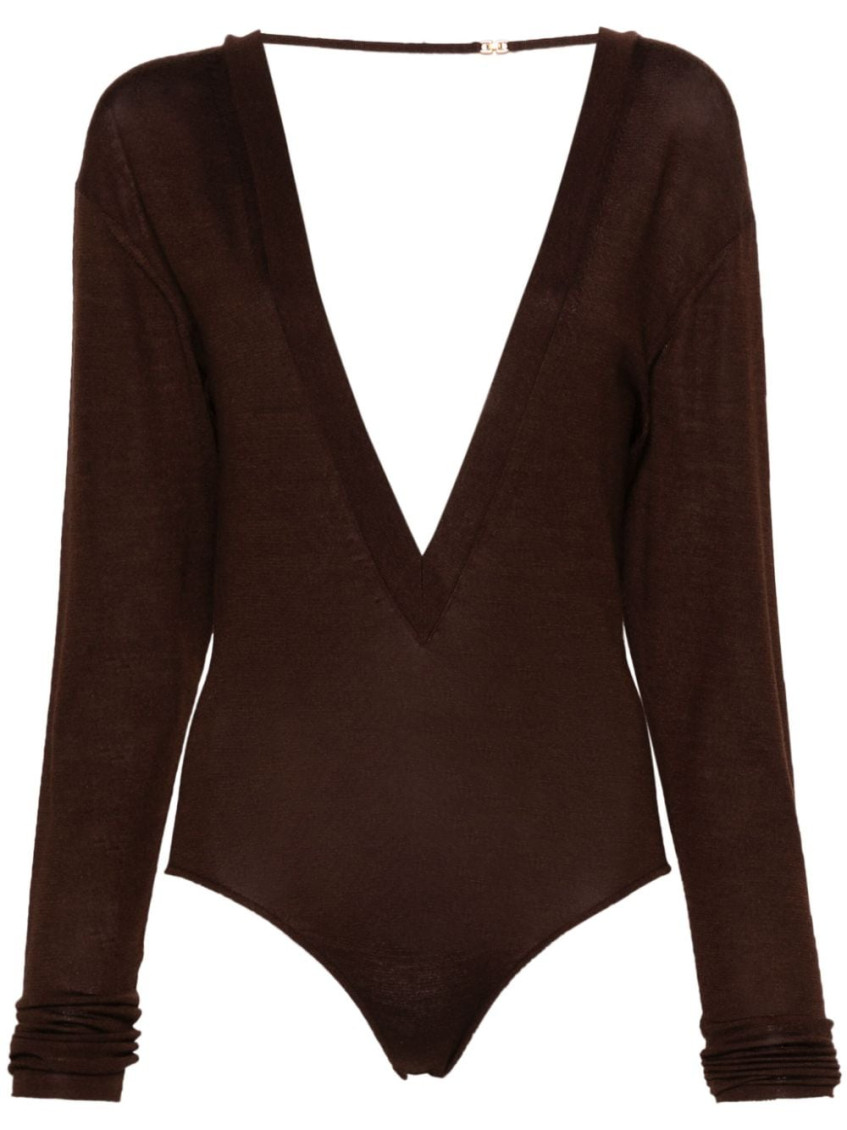 Saint Laurent Plunging V-neck Bodysuit In Brown