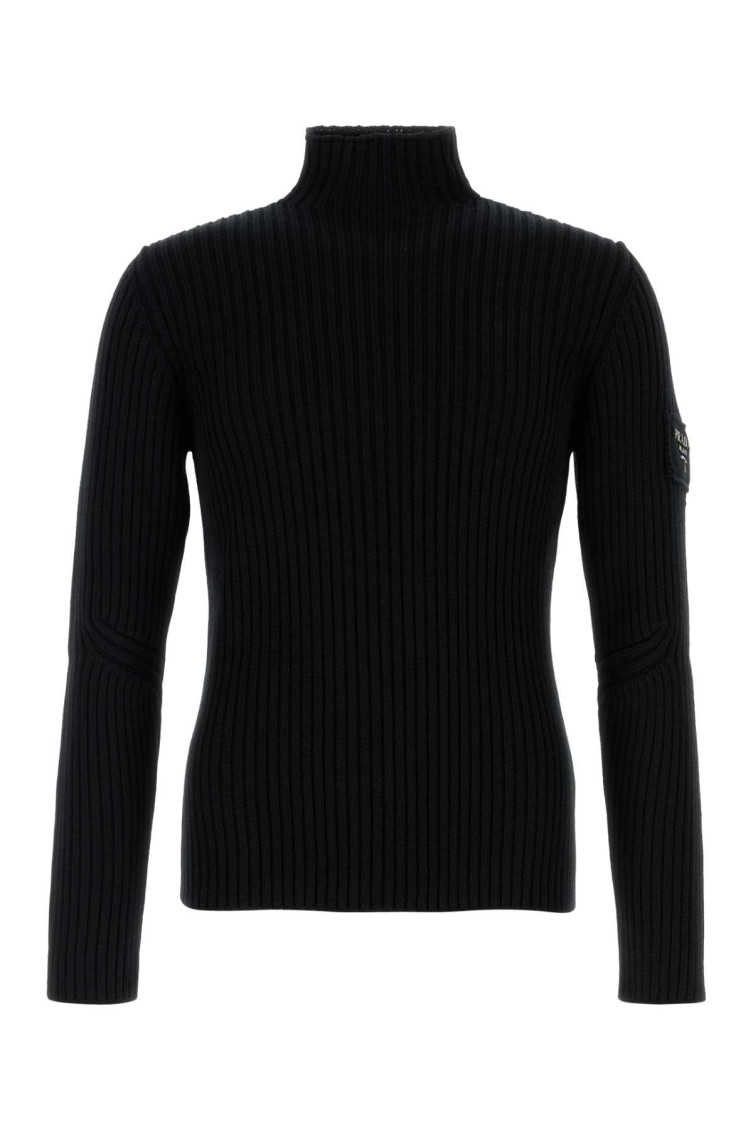 Prada High-neck Ribbed Wool Sweater In Black