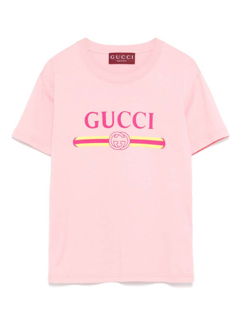 Gucci Women Pink Crewneck T-shirt With Logo Print On The Front In Cotton Woman In Pink