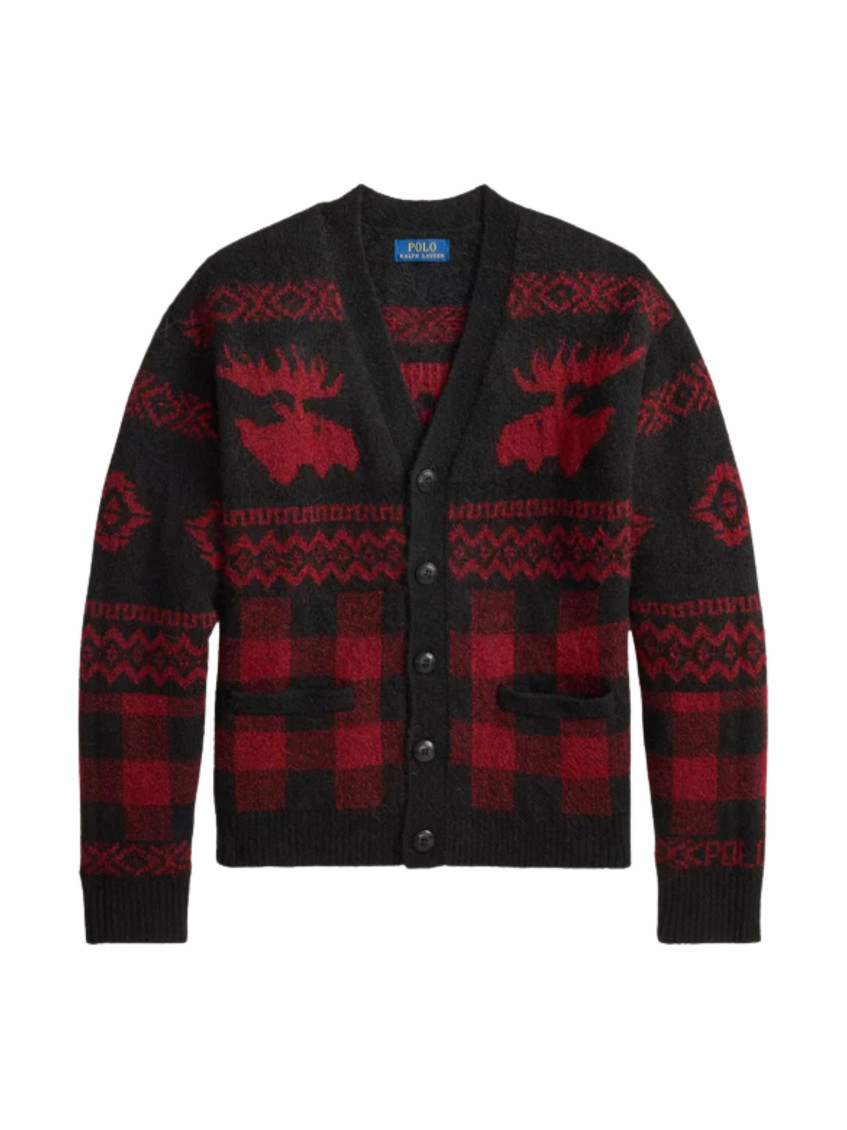 Ralph Lauren Checkered Cardigan With Moose Pattern And Pockets In Black