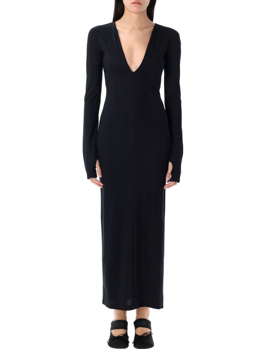 Mm6 Maison Margiela Mm6 By Maison Margiela Long Sleeve Fitted Maxi Dress With Deep V-neckline In Black