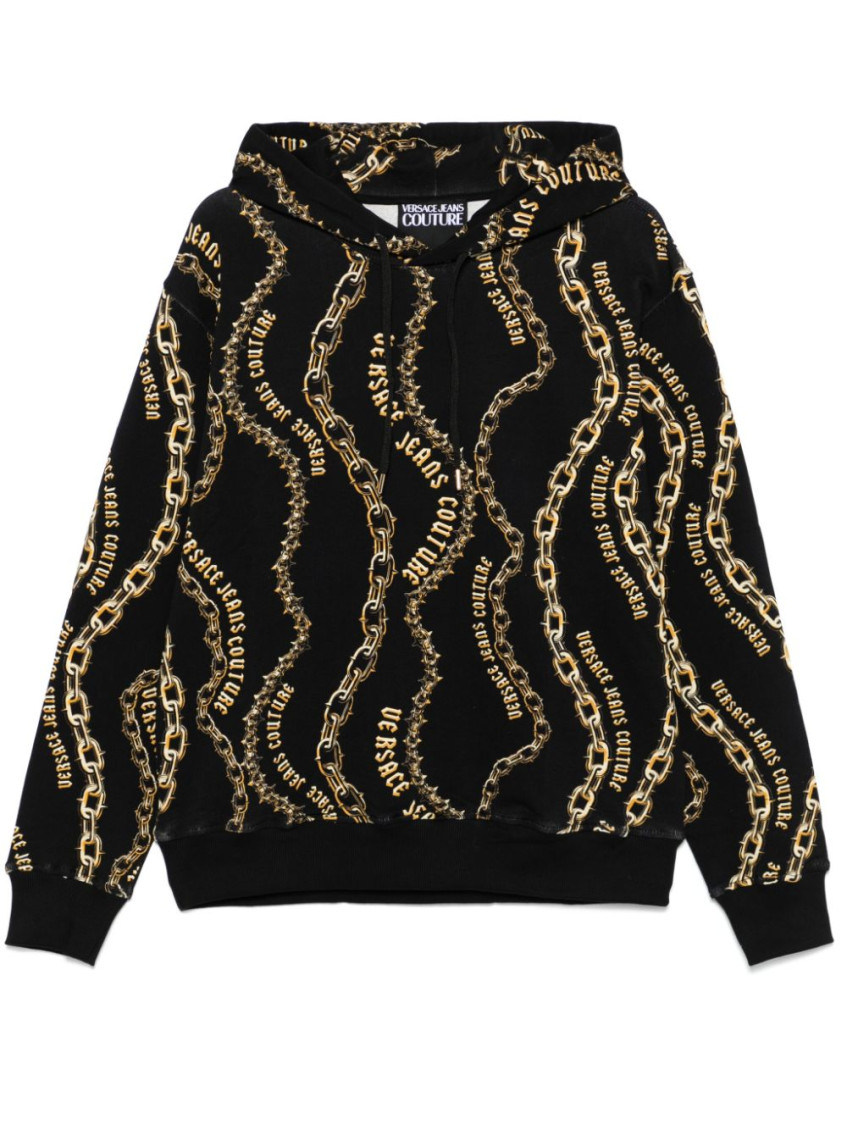 VERSACE JEANS COUTURE BLACK HOODED SWEATSHIRT WITH PRINT 