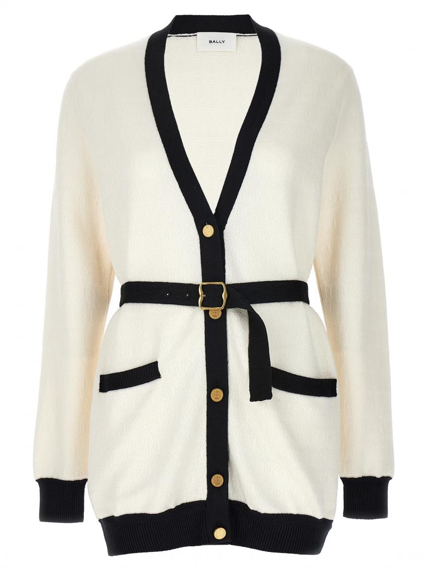 Bally Logo Jacquard Belted Cardigan In Blackwhite