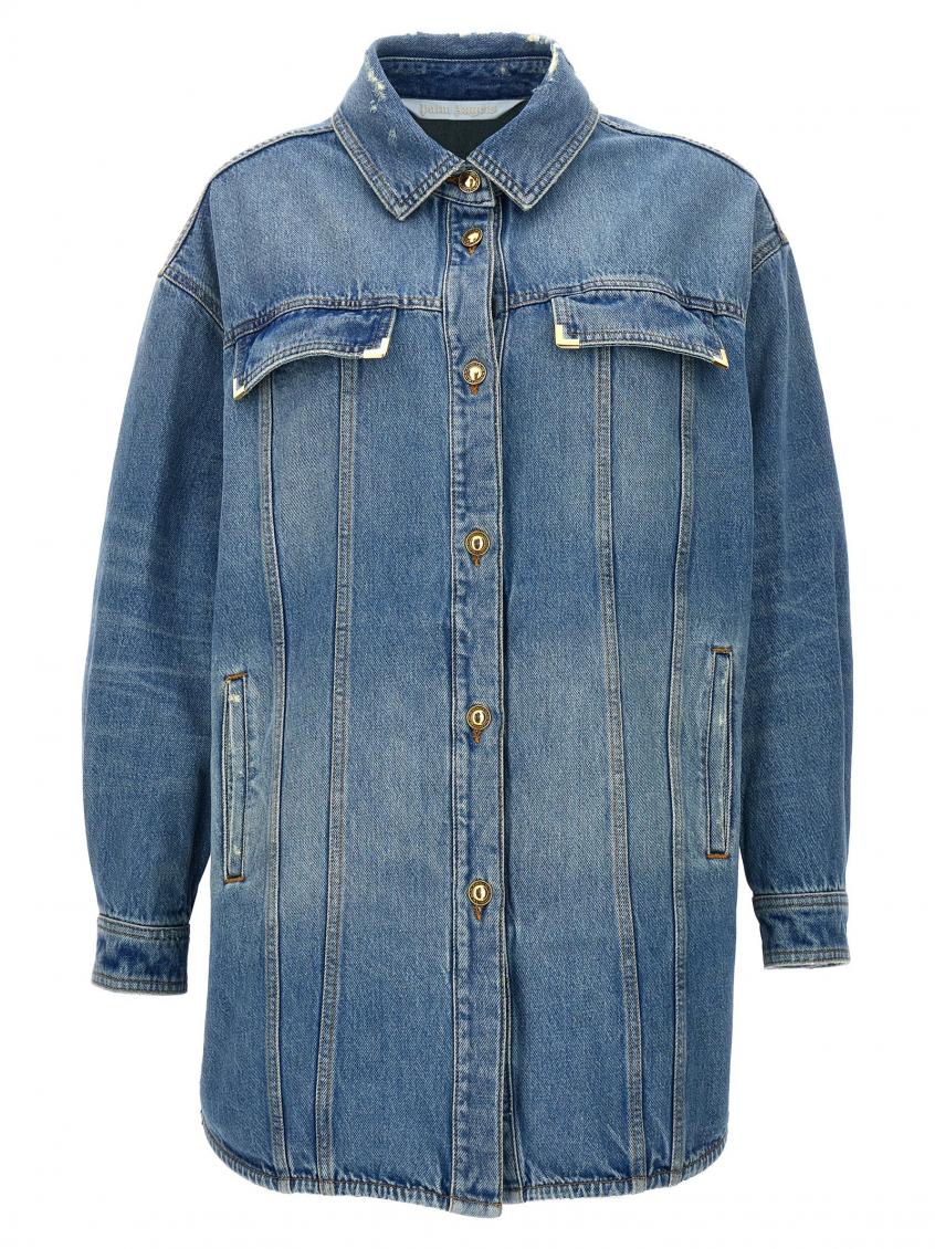 Shop Palm Angels Light Blue Washed Logo Jacket