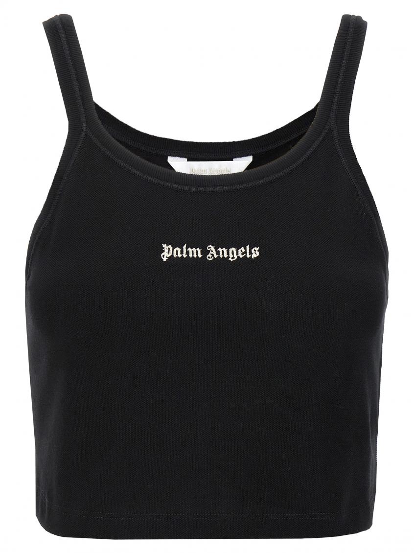 Palm Angels Black Cotton Cropped Top In Blackwhite