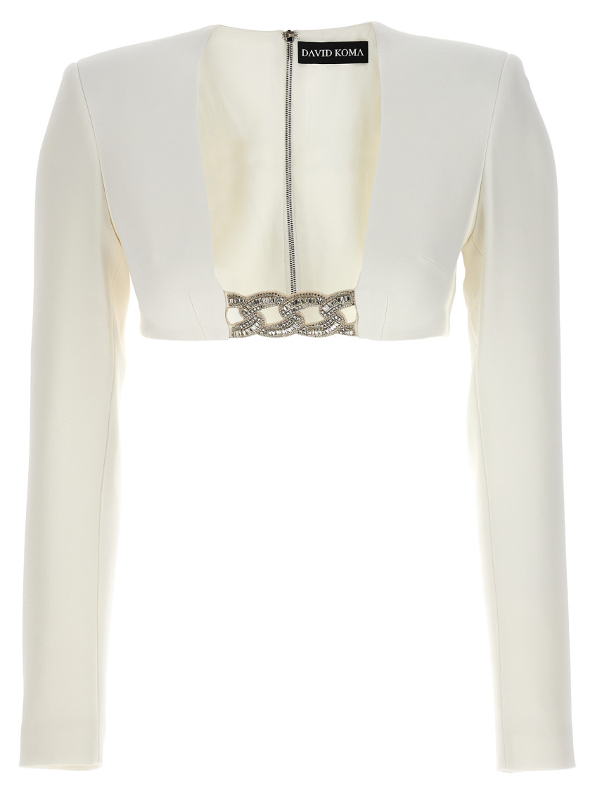 DAVID KOMA WHITE TOP 3D CRYSTSAL CHAIN AND SQUARE NECK 
