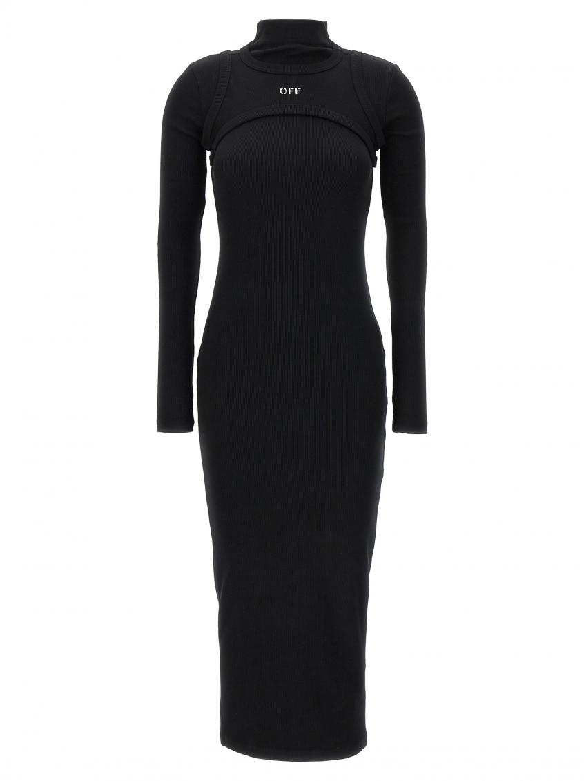 Off-white Ribbed Texture Midi Dress With High Neckline In Black
