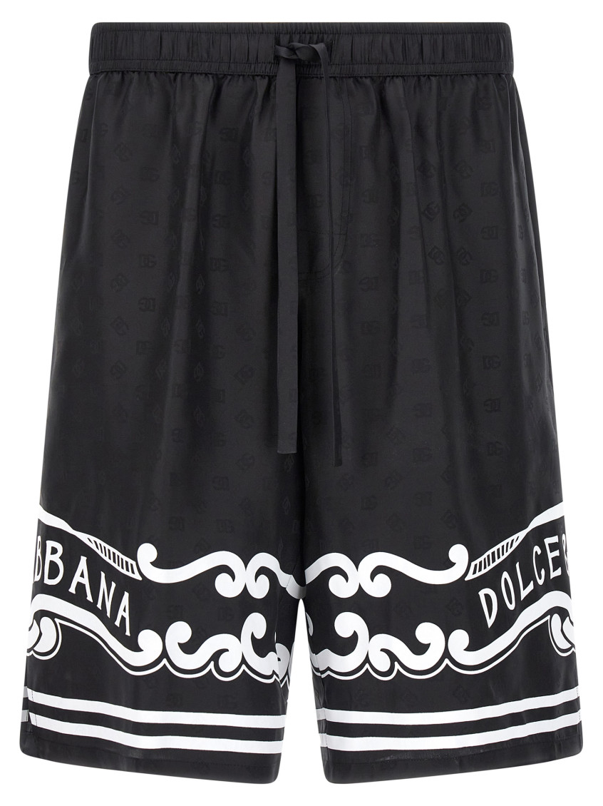 Dolce & Gabbana Black Bermuda Pants With Drawstring Elastic Waist And Maxi Print In Silk Man In Black