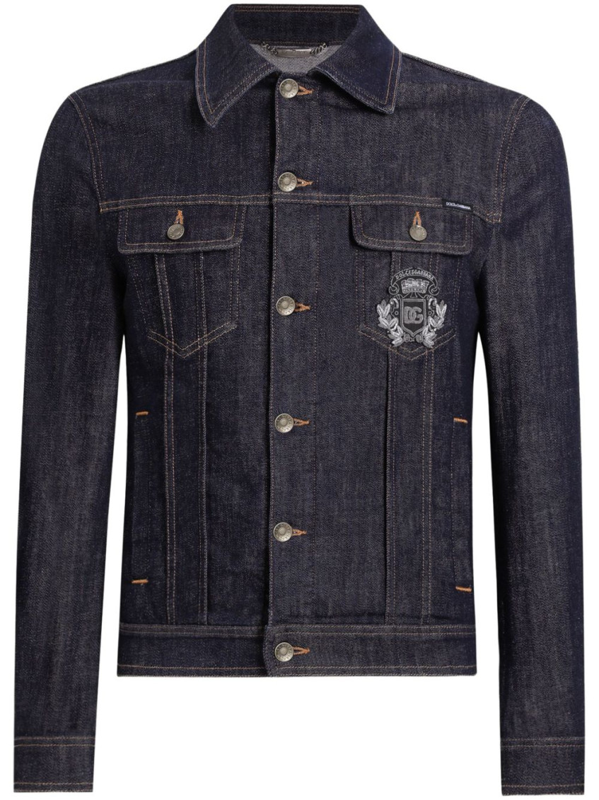 Dolce & Gabbana Dark Blue Jacket With Classic Collar And Contrasting Stitching In Blue