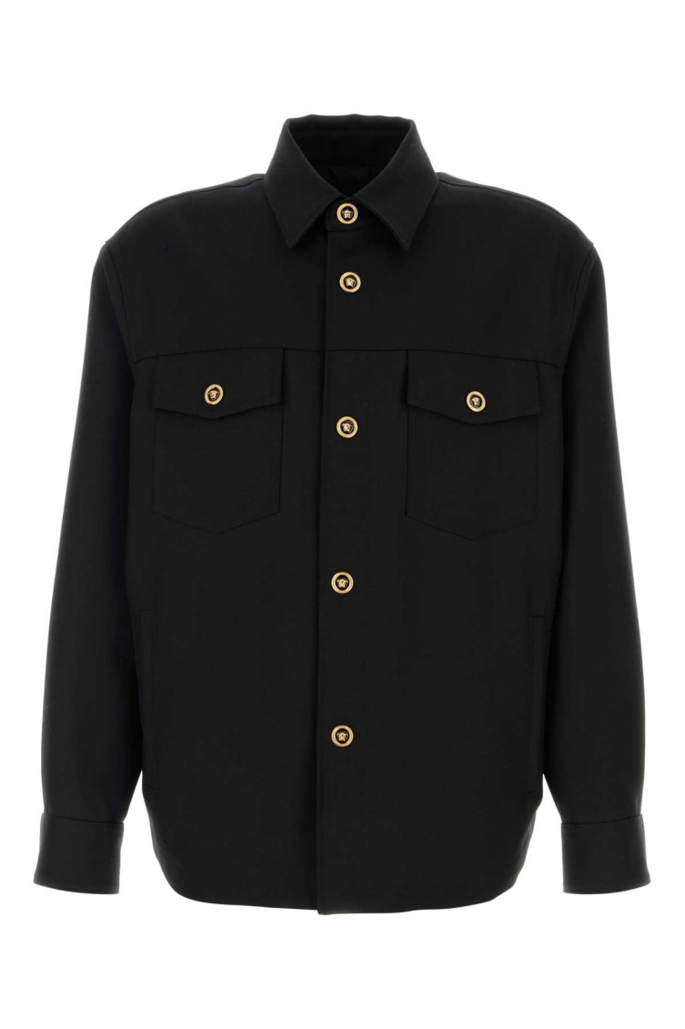 Versace Gabardine Shirt With Chest Pockets And Cuffed Sleeves In Black