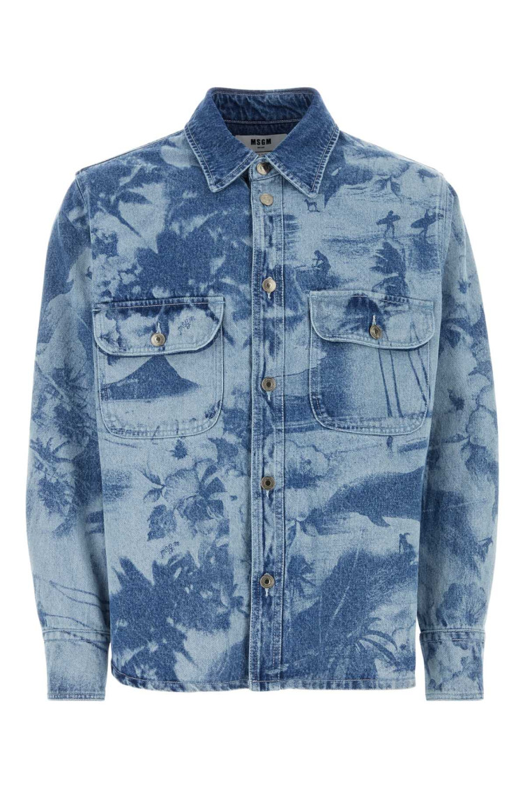 Msgm Unique Print Denim Shirt In Blue