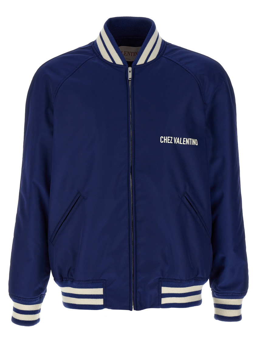 Valentino Blue Bomber Jacket In Printed Polyamide With Zip And High Collar In Blue