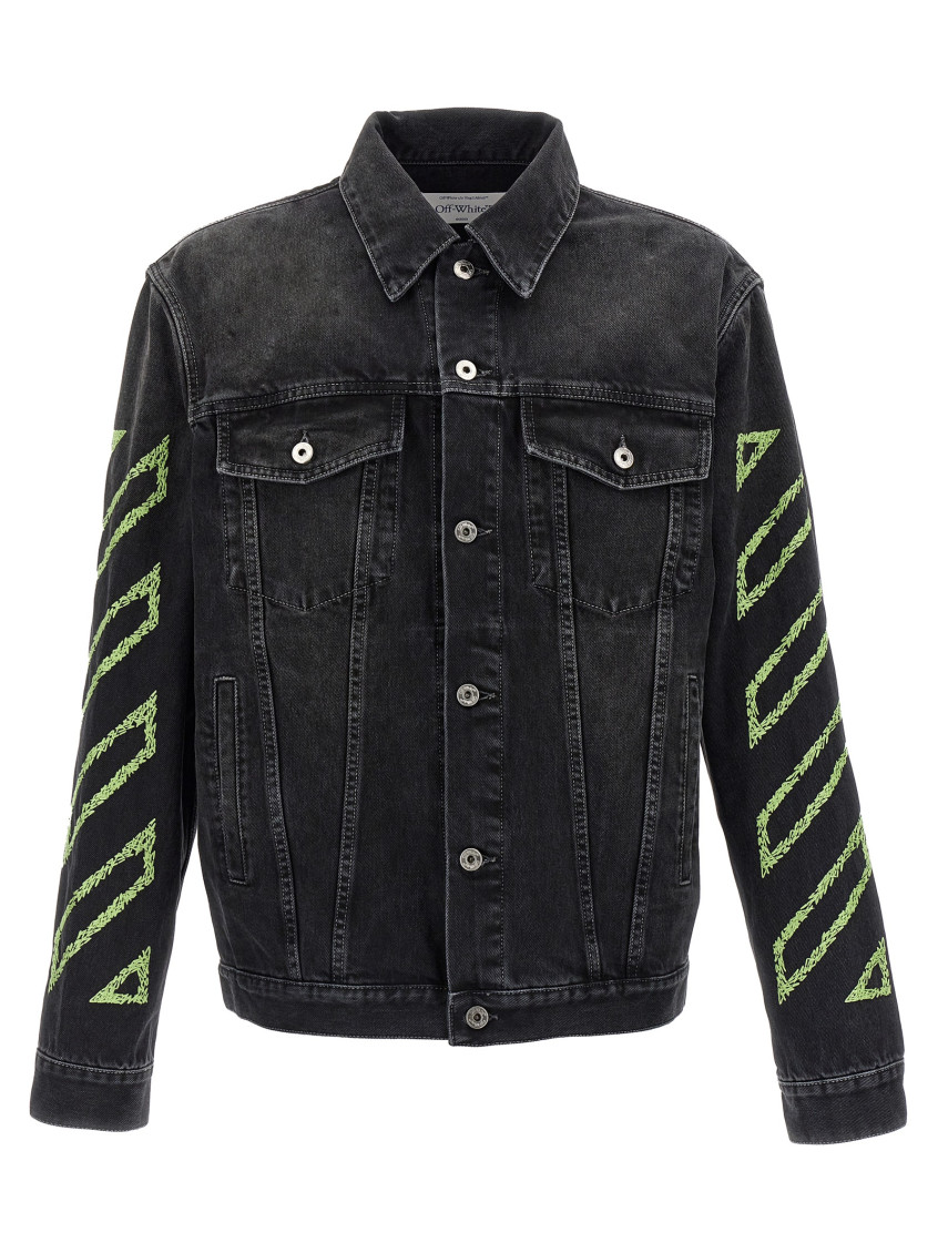 Off-white Diagonal Arrow Outline Embroidered Denim Skate Jacket In Black