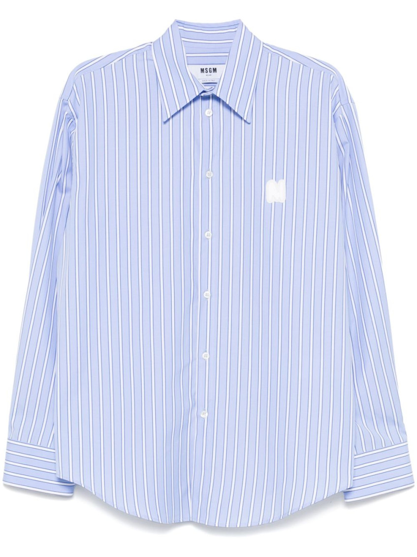 Msgm Logo Cotton T-shirt With Striped Cuffed Sleeves In Light Blue