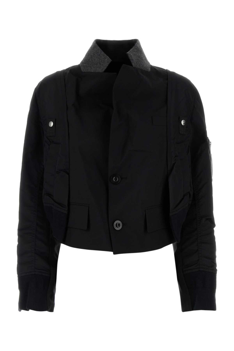 ジャケット SACAI Woman Jacket Black 2507830 001 Overlapping Contrast Bomber Jacket (25-07830-001-BLACK)