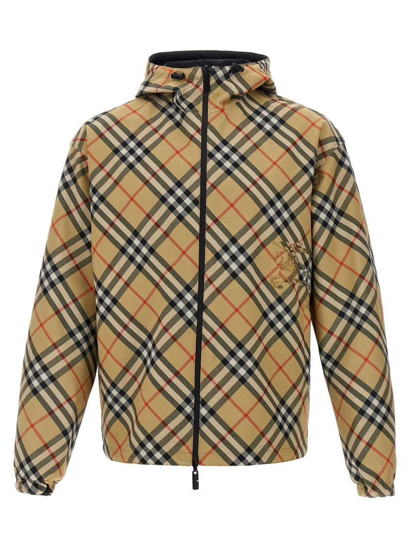 Burberry Beige Reversible Down Jacket With Hood And All-over Check Motif In Tech Fabric Man In Beige