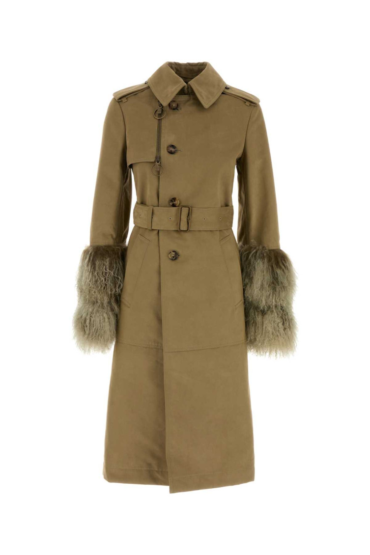 Burberry Cotton Blend Trench Coat With Fur Cuffs In Brown
