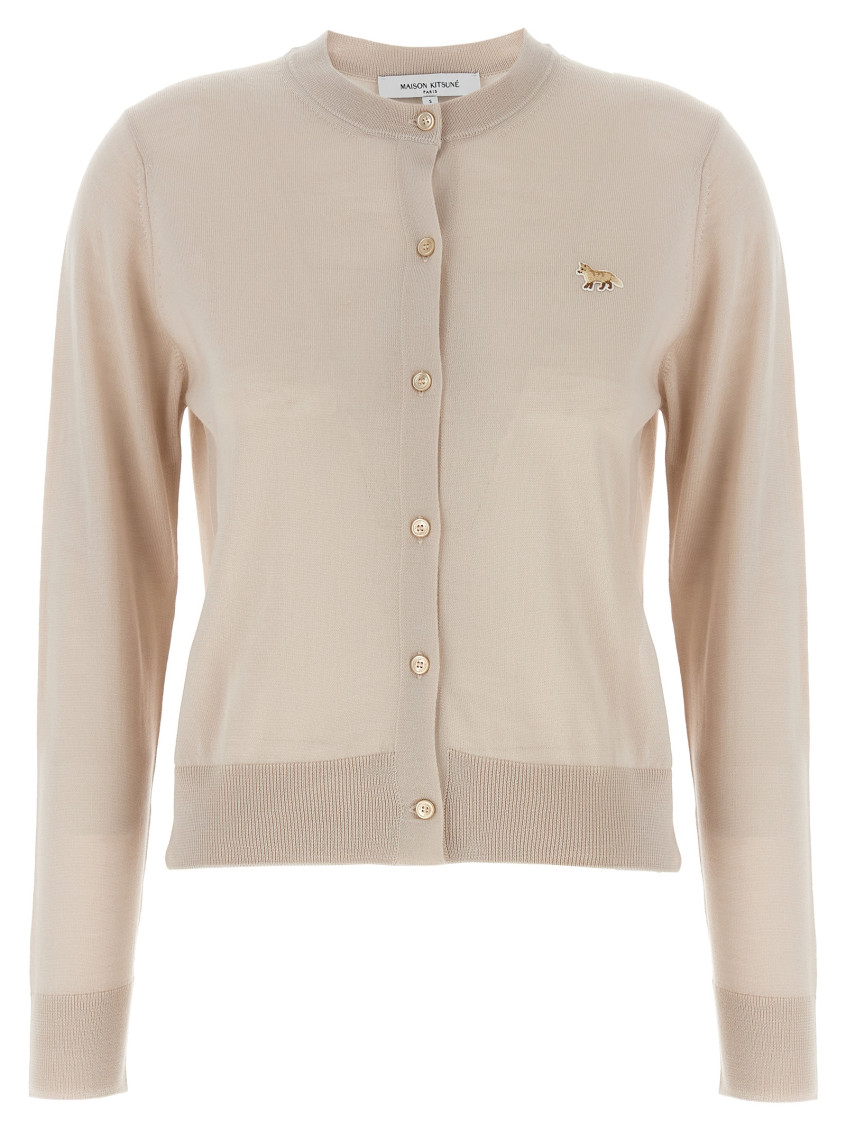 Maison Kitsuné Beige Cropped Cardigan With Round Neck And Logo Embroidery On The Front In Wool Woman In Beige