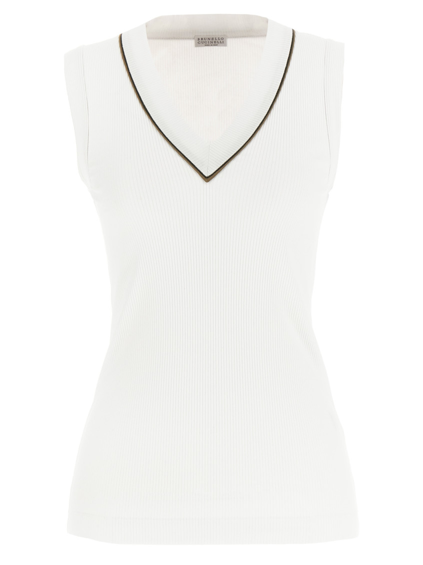 Brunello Cucinelli Stretch-cotton V-neck Top In White