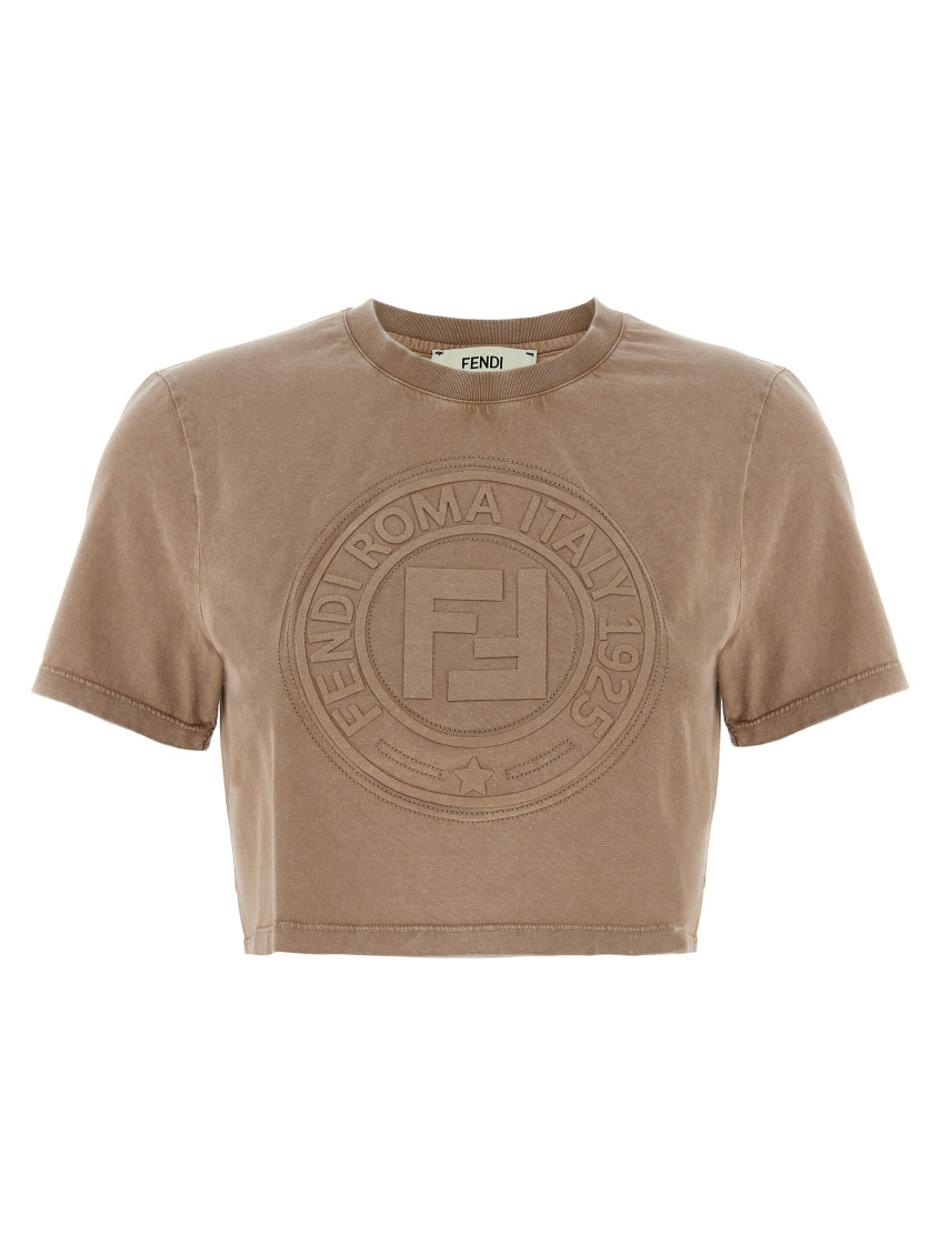 Fendi Beige Cotton Logo Crop T-shirt In Brown