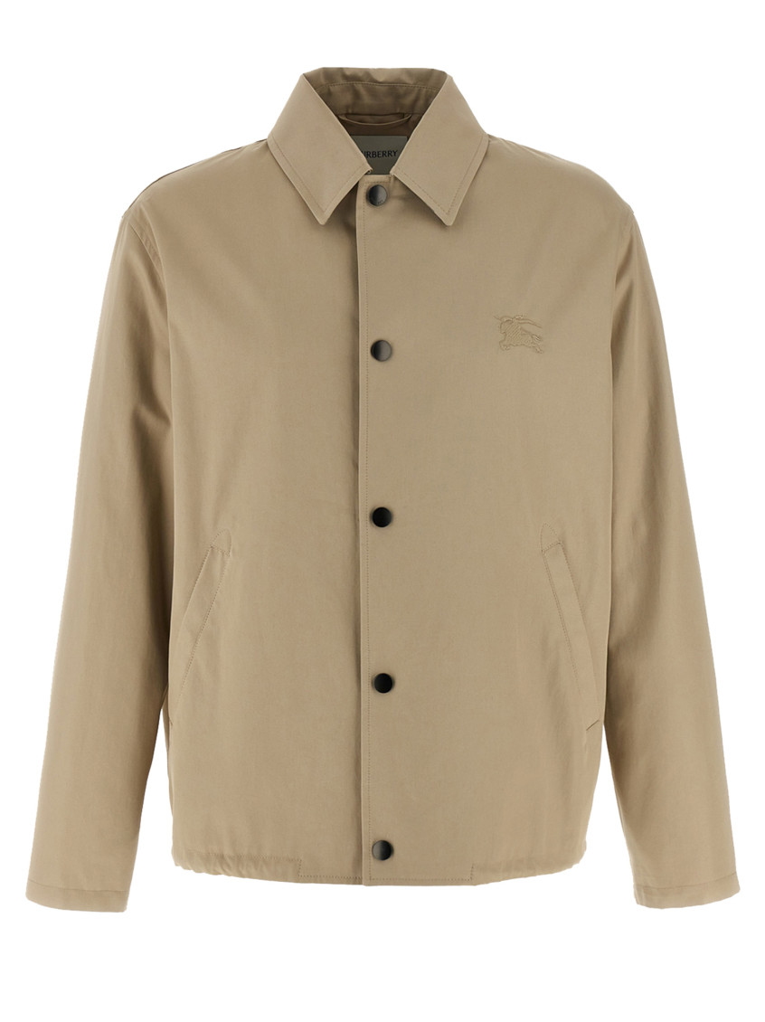 Burberry Gabardine Jacket With Collared Neck And Side Pockets In Beige