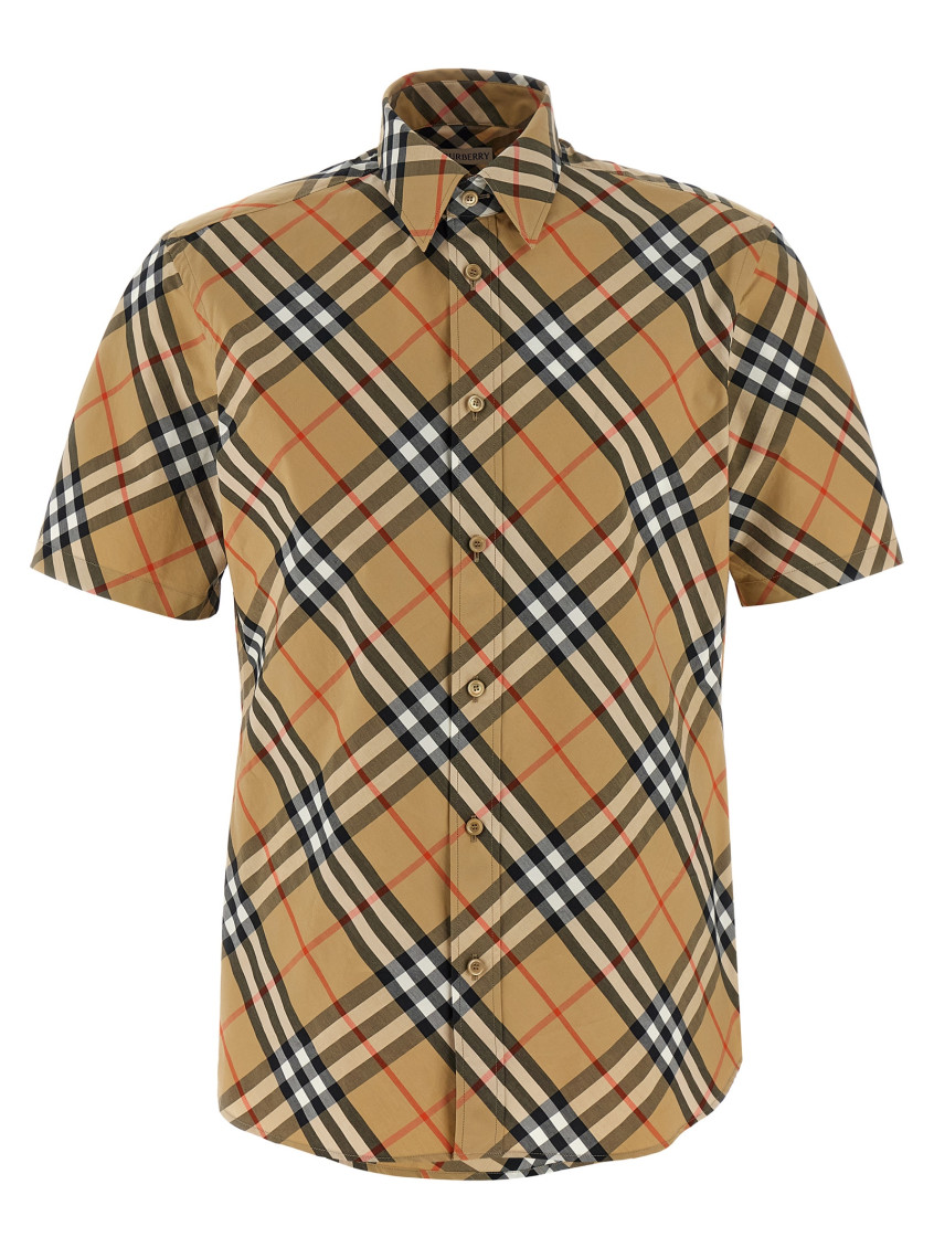 Burberry Short-sleeved Check Pattern Shirt With Button-down Collar In Beige