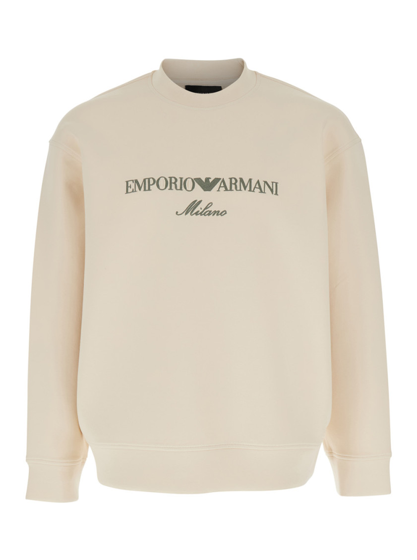 Emporio Armani White Crewneck Sweatshirt With Maxi Logo Lettering On The Front In Cotton Blend Stretch Man In Beige