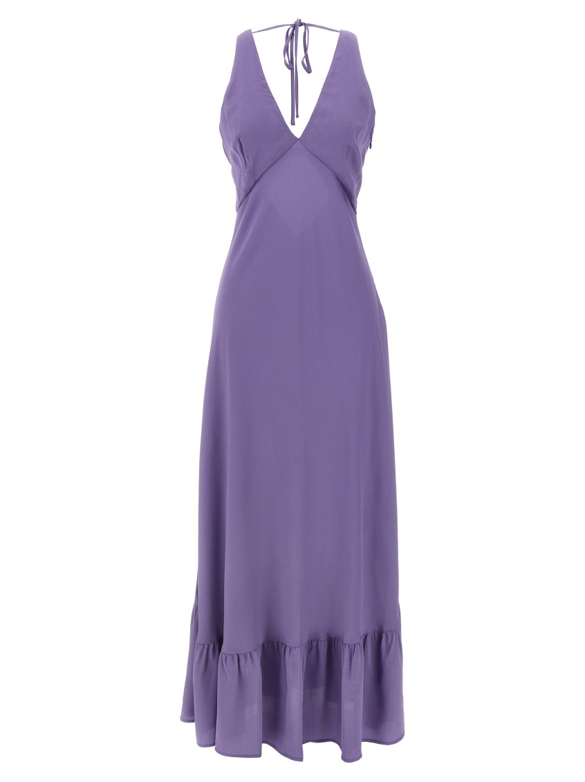 Twinset Twin-set Deep V-neck Maxi Dress With Flounced Hem In Purple