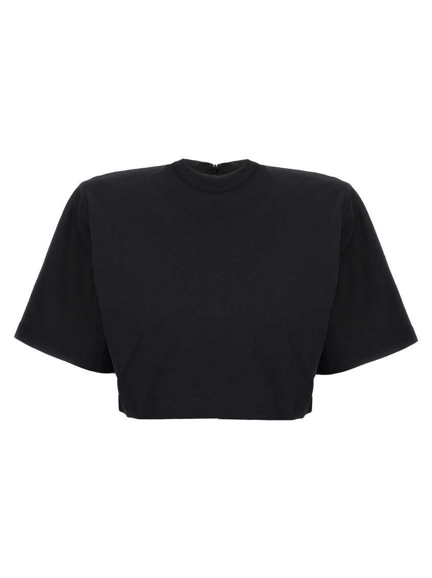 Pinko Short-sleeved Crop Top With Padded Shoulders In Black